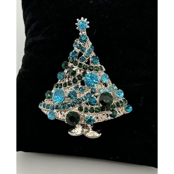 Silver Tone Christmas Tree Blue Green Rhinestone Brooch Holiday Party Pin - Picture 1 of 7